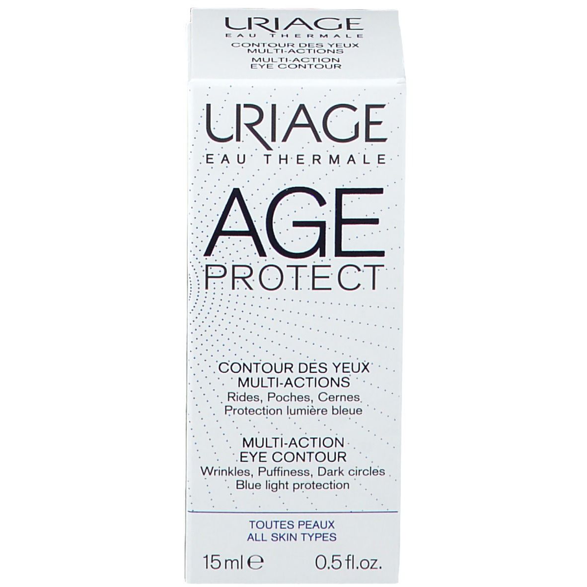 Productverpakking. Opschrift URIAGE AGE PROTECT. Oogcontourcrème.