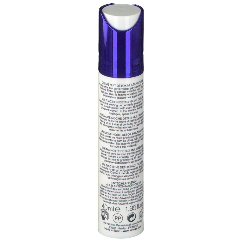 Tube blanc et bleu Uriage Age Protect. Crème de nuit détox. Texte: 40ml, 1.35 fl.oz.