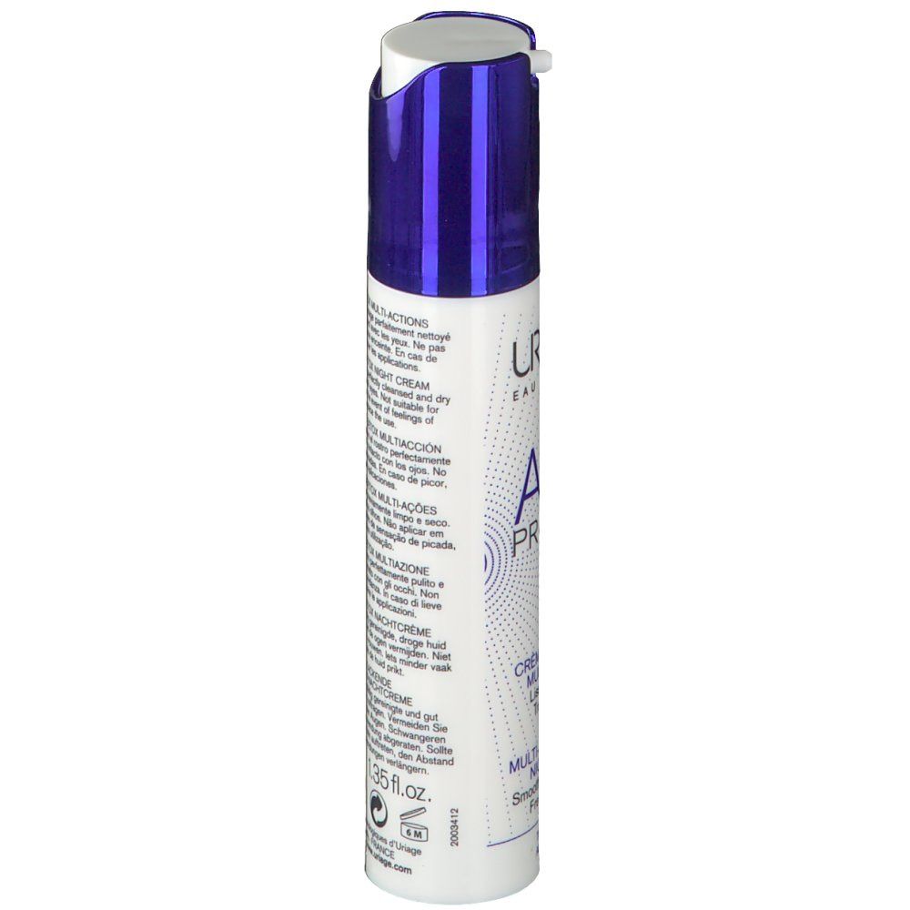 Tube blanc et bleu Uriage Age Protect. Crème de nuit détox. Texte: 1.35 fl.oz.