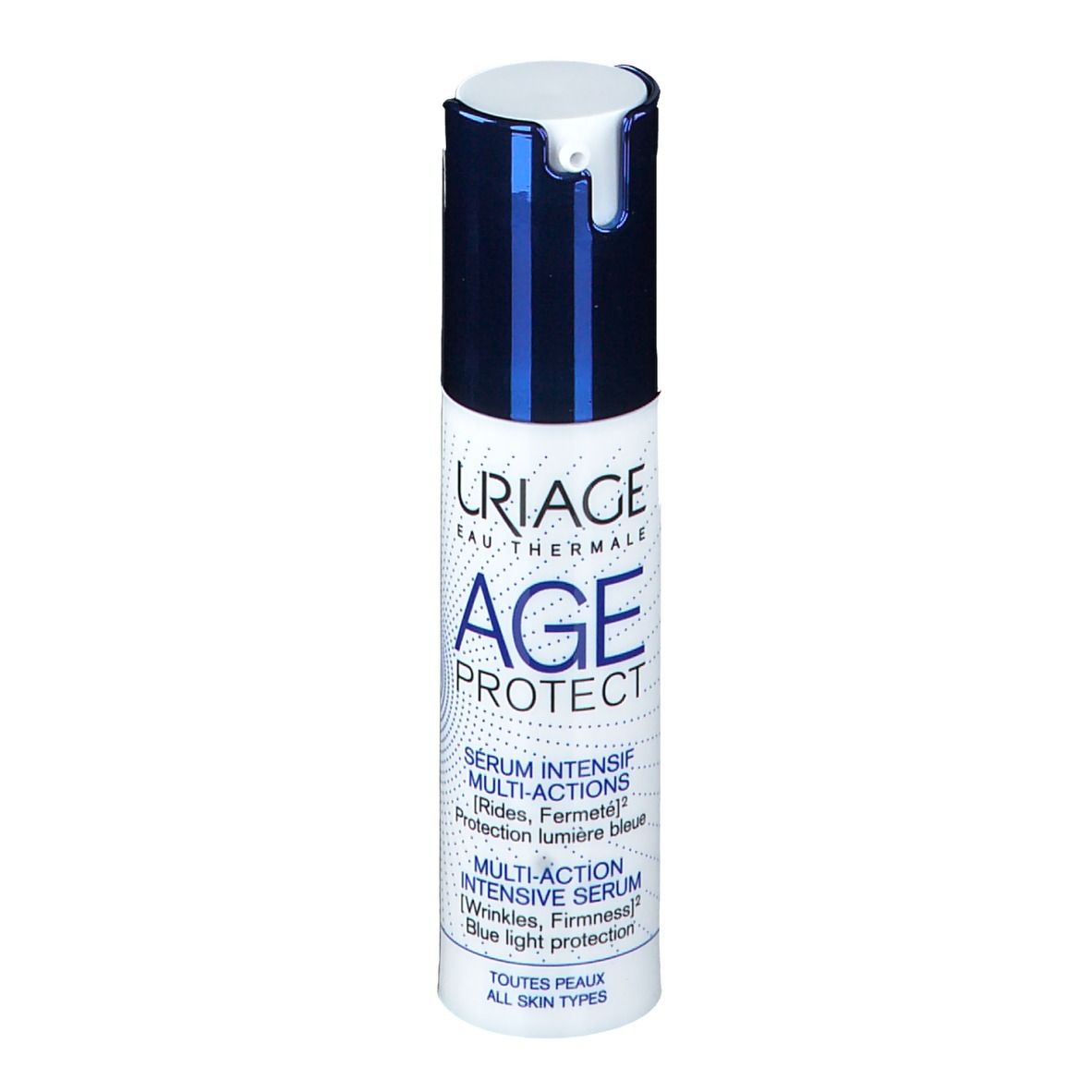 Flacon blanc et bleu. Sérum URIAGE AGE PROTECT. Texte : Multi-Actions, rides, fermeté, protection lumière bleue. Toutes peaux.