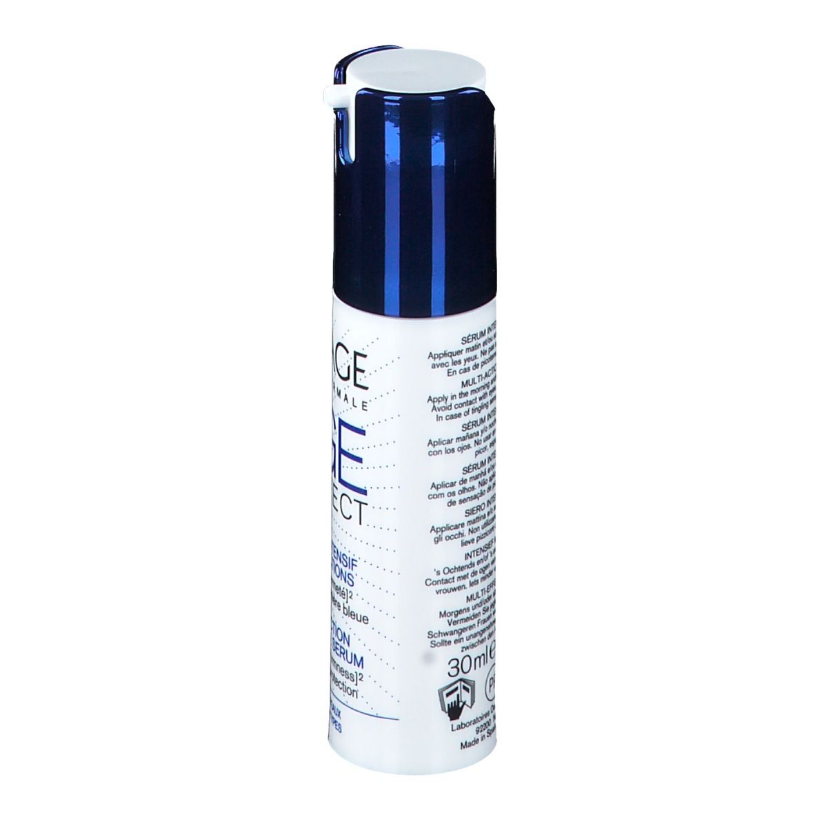 Flacon blanc et bleu. Sérum URIAGE AGE PROTECT. Dos avec texte. 30ml. Laboratoires Dermatologiques d'Uriage.