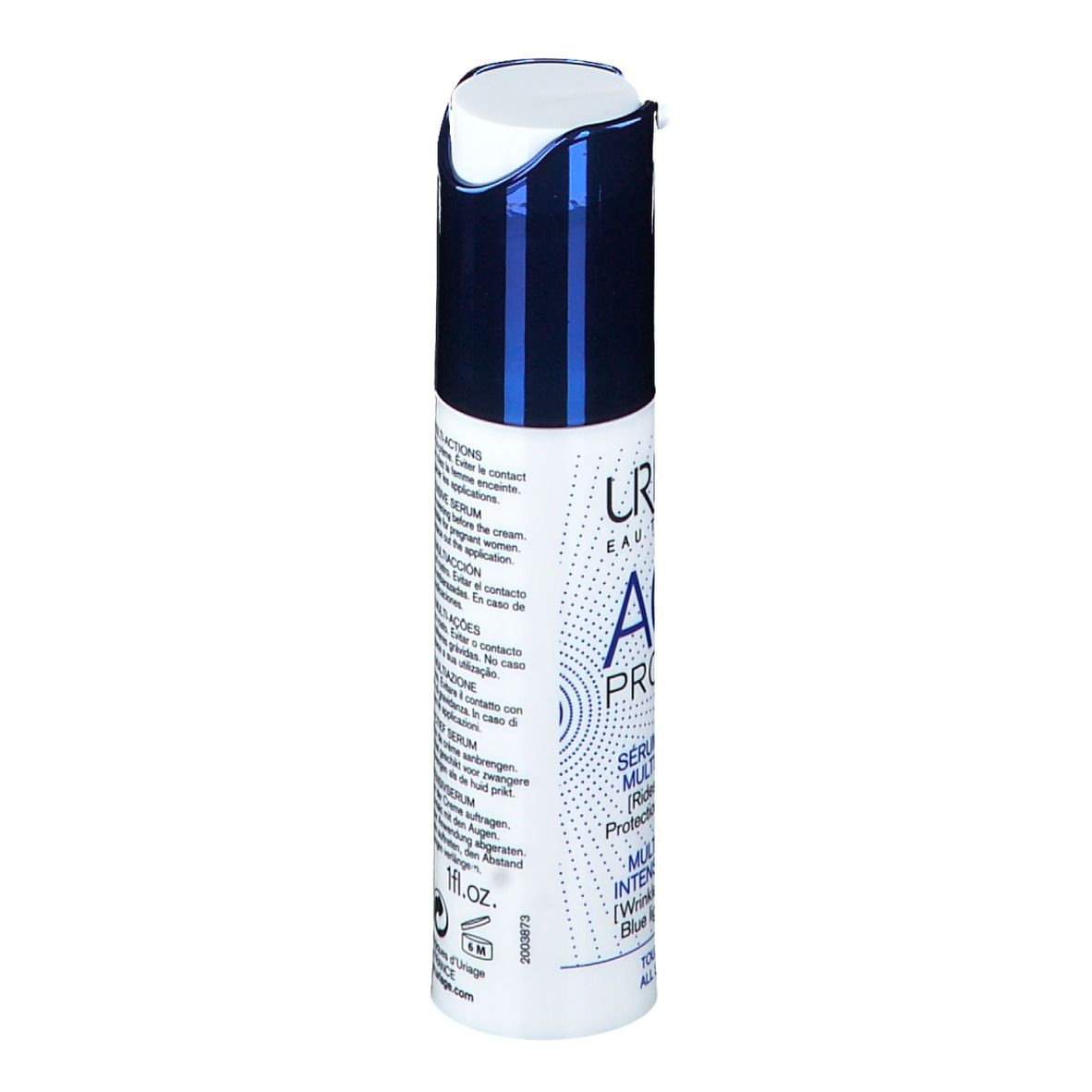 Flacon blanc et bleu. Sérum URIAGE AGE PROTECT. Dos avec texte. 1 fl.oz. Coordonnées.