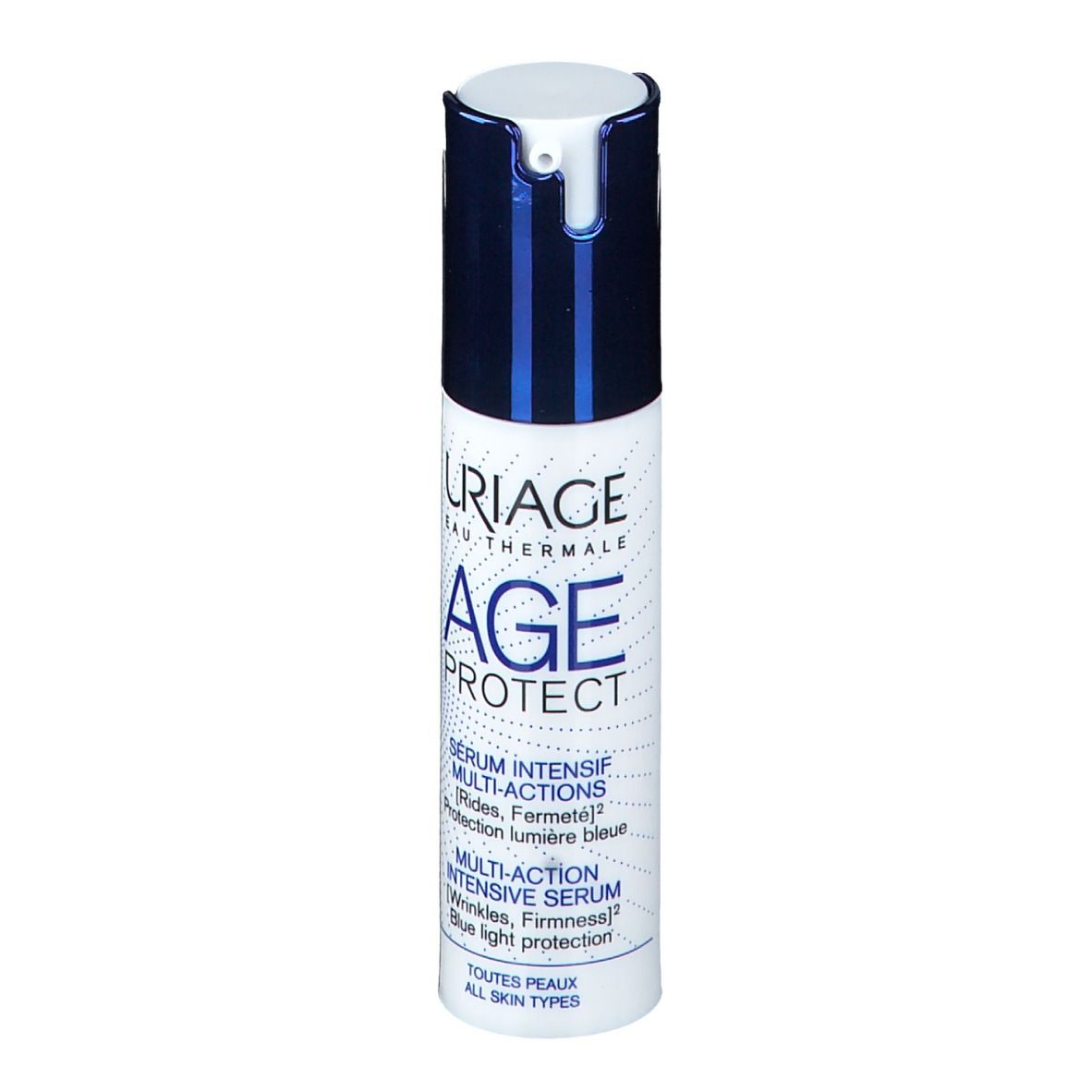 Flacon blanc et bleu. Sérum URIAGE AGE PROTECT. Texte : Multi-Actions, rides, fermeté, protection lumière bleue. Toutes peaux.