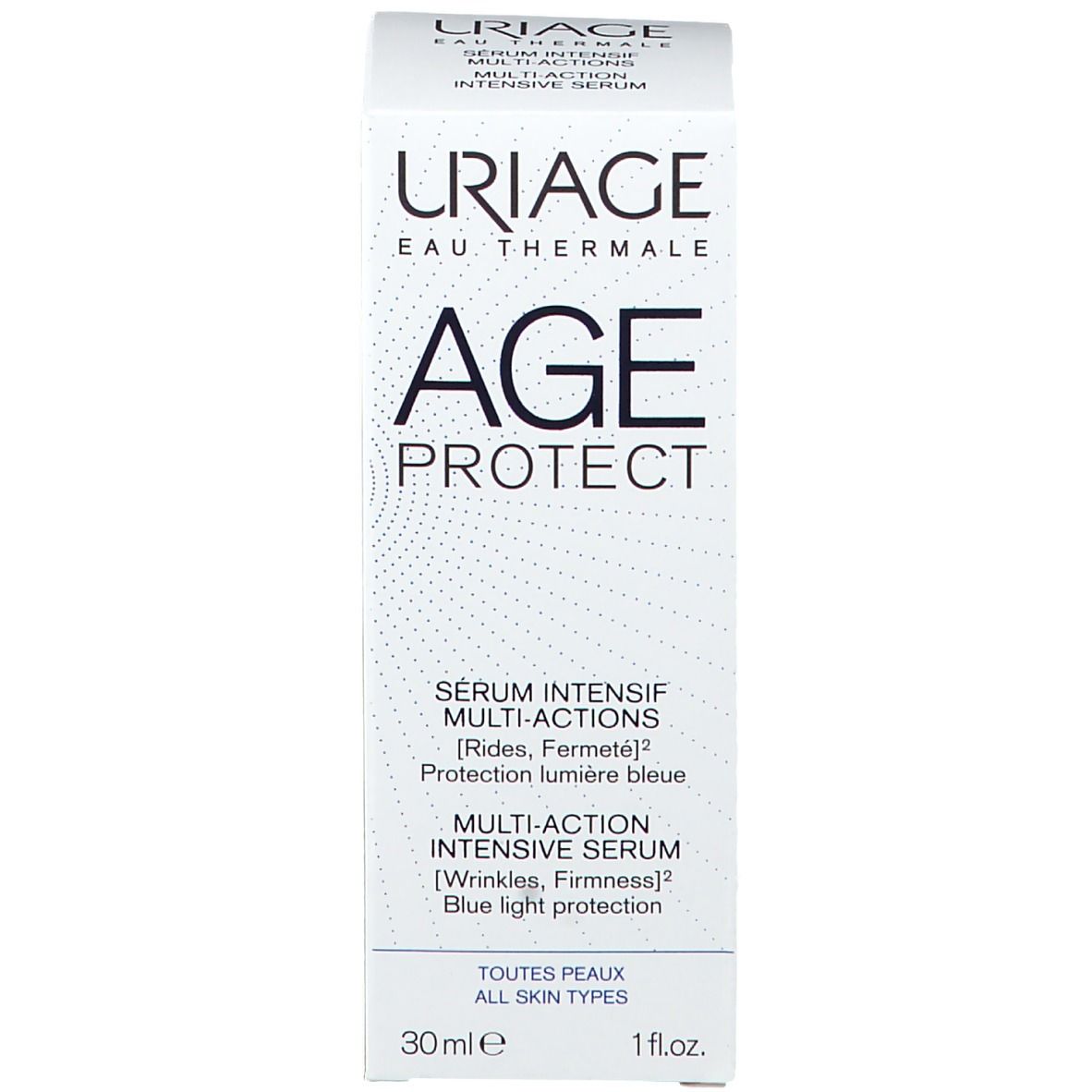 Emballage. Sérum URIAGE AGE PROTECT. Texte : Multi-Actions, rides, fermeté, protection lumière bleue. 30ml. Toutes peaux.