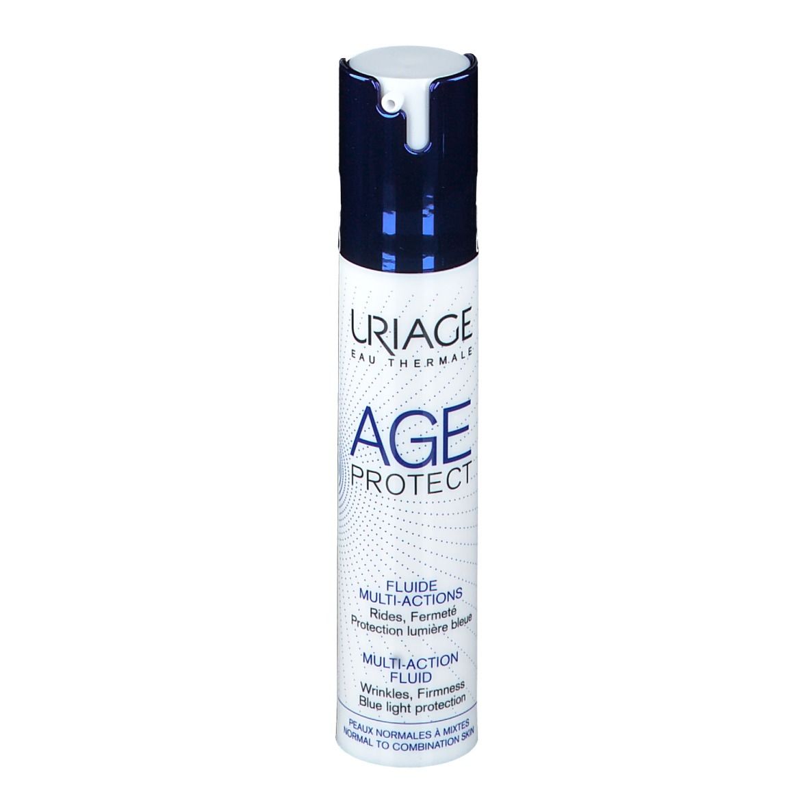 Wit en blauw flesje met AGE PROTECT. Tekst: Multi-action fluid, voor normale tot gemengde huid.