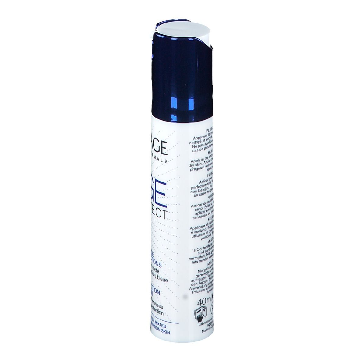 Wit en blauw flesje met productinfo. Tekst: Multi-action fluid, 40 ml, voor normale tot gemengde huid.