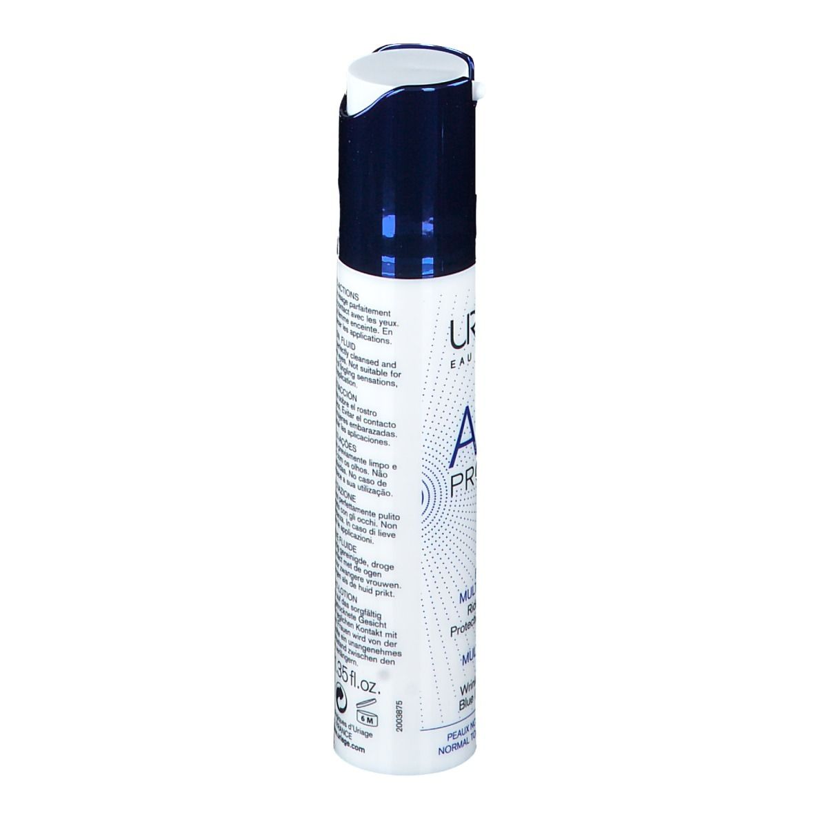 Wit en blauw flesje met productinfo. Tekst: Multi-action fluid, 40 ml, voor normale tot gemengde huid.