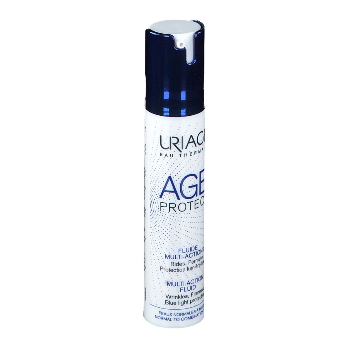 Wit en blauw flesje met AGE PROTECT. Tekst: Multi-action fluid, voor normale tot gemengde huid.