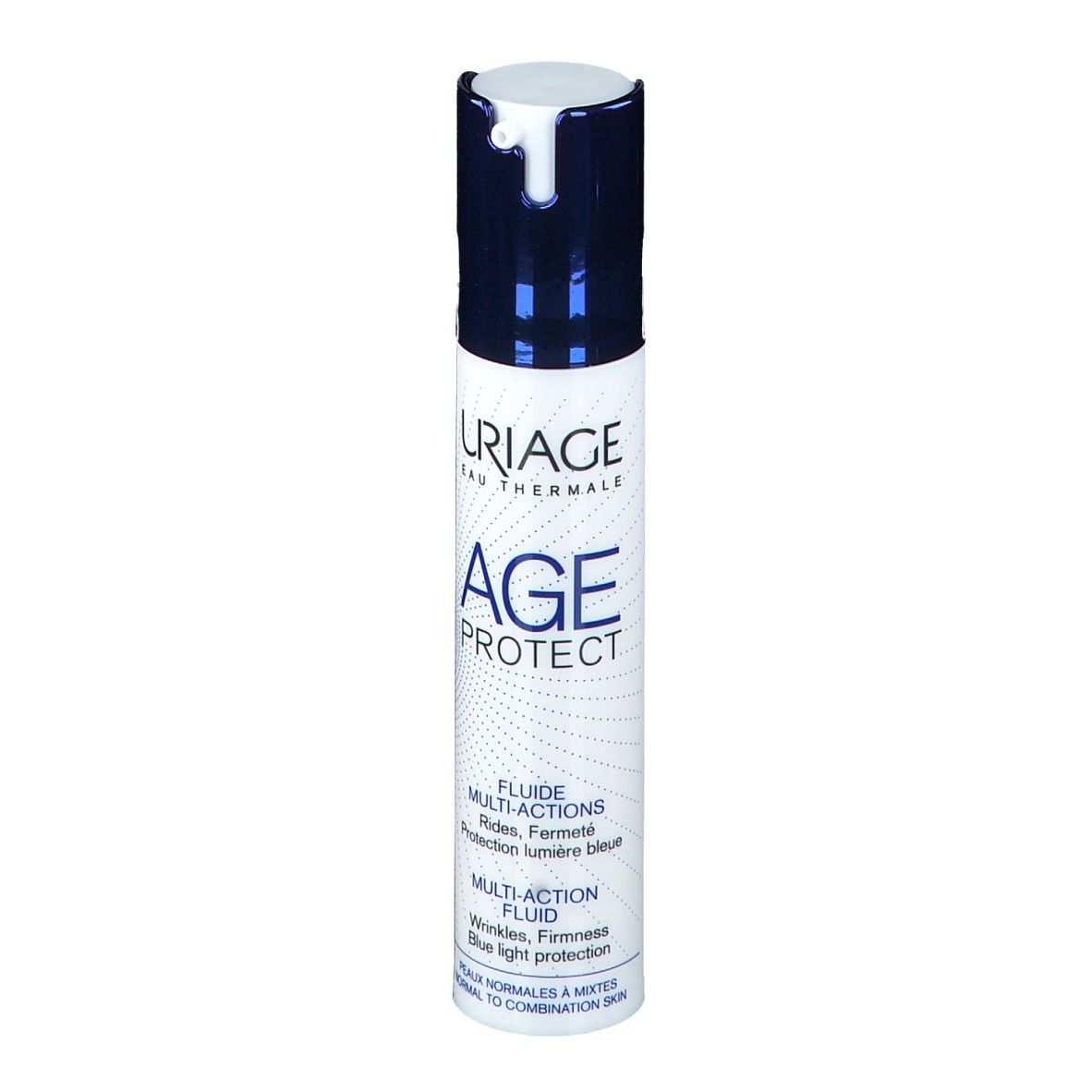 Wit en blauw flesje met AGE PROTECT. Tekst: Multi-action fluid, voor normale tot gemengde huid.