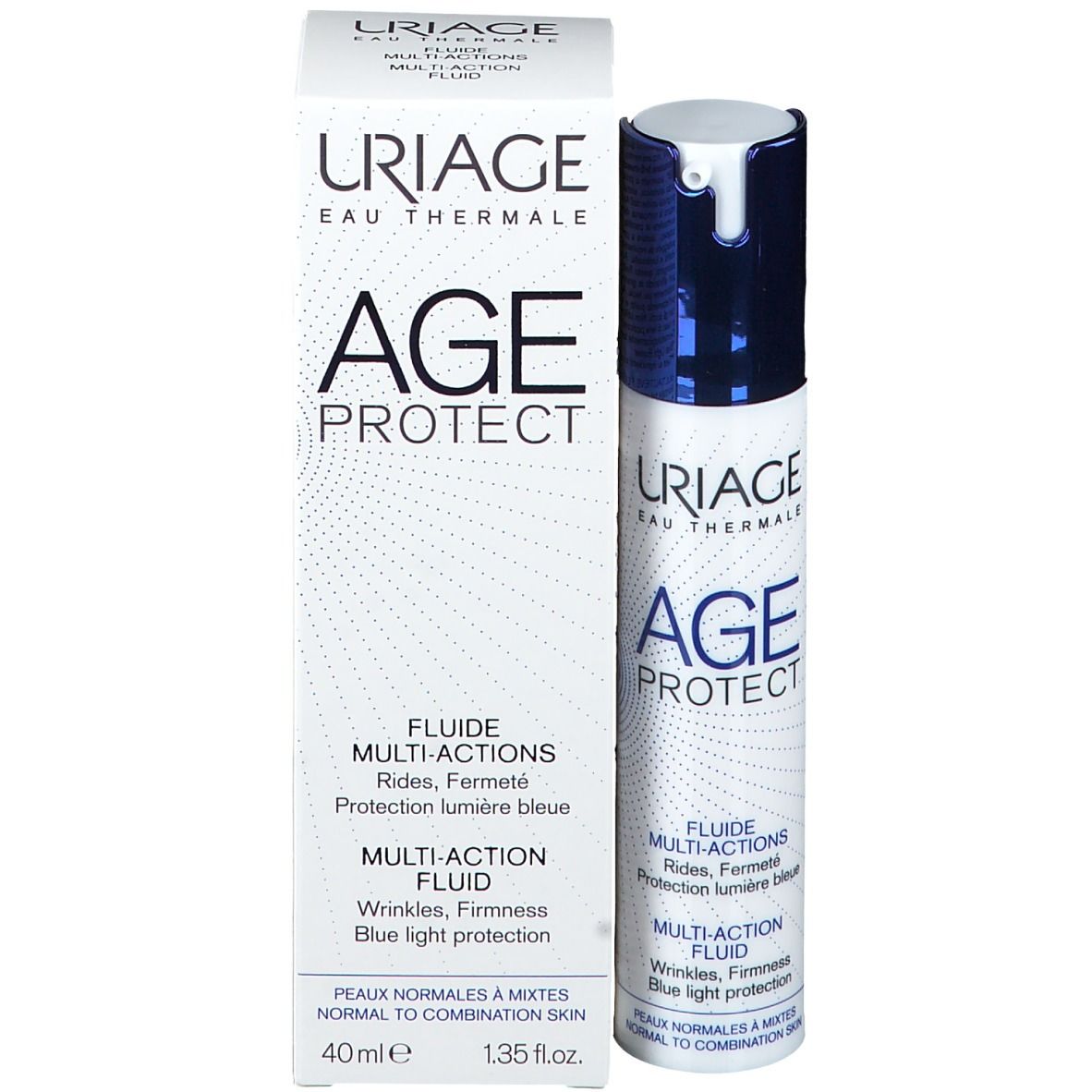 Verpakking met flesje. Tekst: AGE PROTECT, Multi-action fluid, voor normale tot gemengde huid, 40 ml.