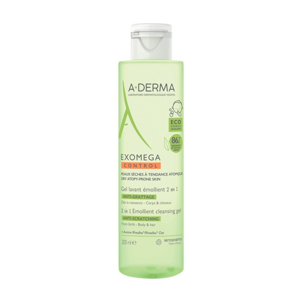 Groen flesontwerp met witte dop. A-DERMA logo en productnaam. Tekst: Exomega Control, 2 in 1 reinigingsgel.