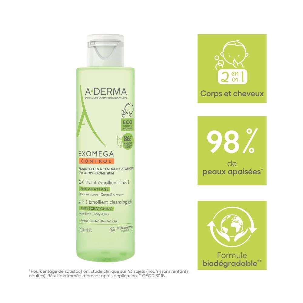 Vue arrière de la bouteille verte. Texte : Ingrédients, informations fabricant, logo de recyclage. Nom du produit : Exomega Control.