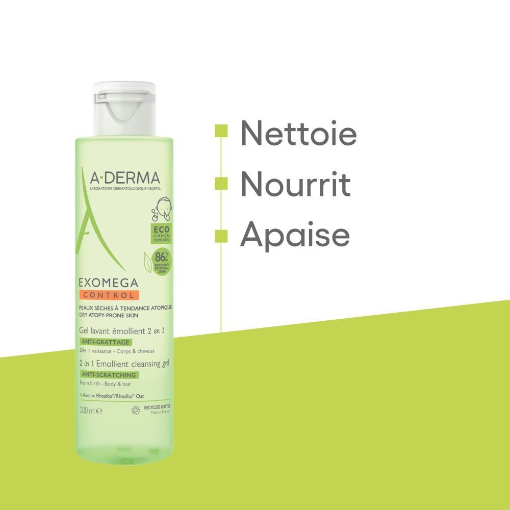 Flacon vert avec bouchon blanc. Logo A-DERMA et nom du produit. Texte : Exomega Control, gel lavant 2 en 1.