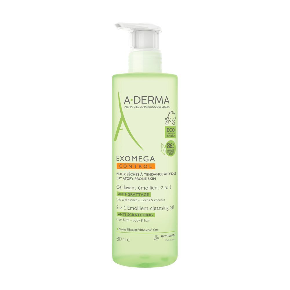 Groene fles met pomp. A-DERMA EXOMEGA CONTROL, 2in1 reinigingsgel voor lichaam & haar. Tekst en logo's.