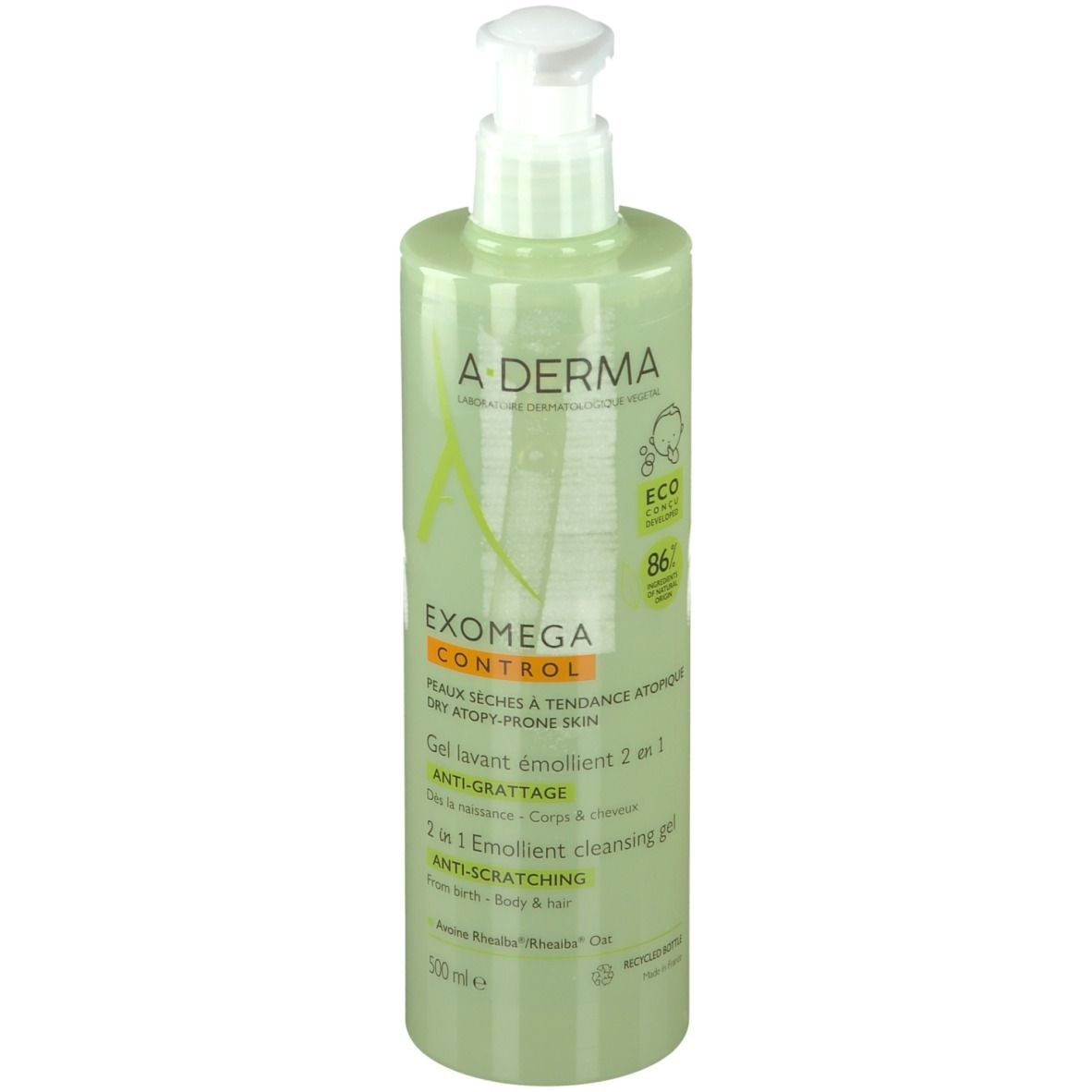 Flacon vert avec pompe. A-DERMA EXOMEGA CONTROL, gel lavant 2 en 1 corps & cheveux. Texte et logos.
