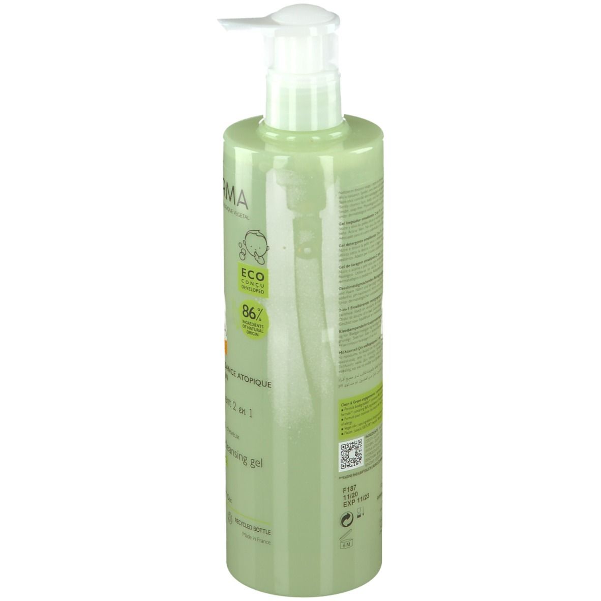 Dos du flacon vert avec pompe. A-DERMA EXOMEGA CONTROL. Texte et logos.