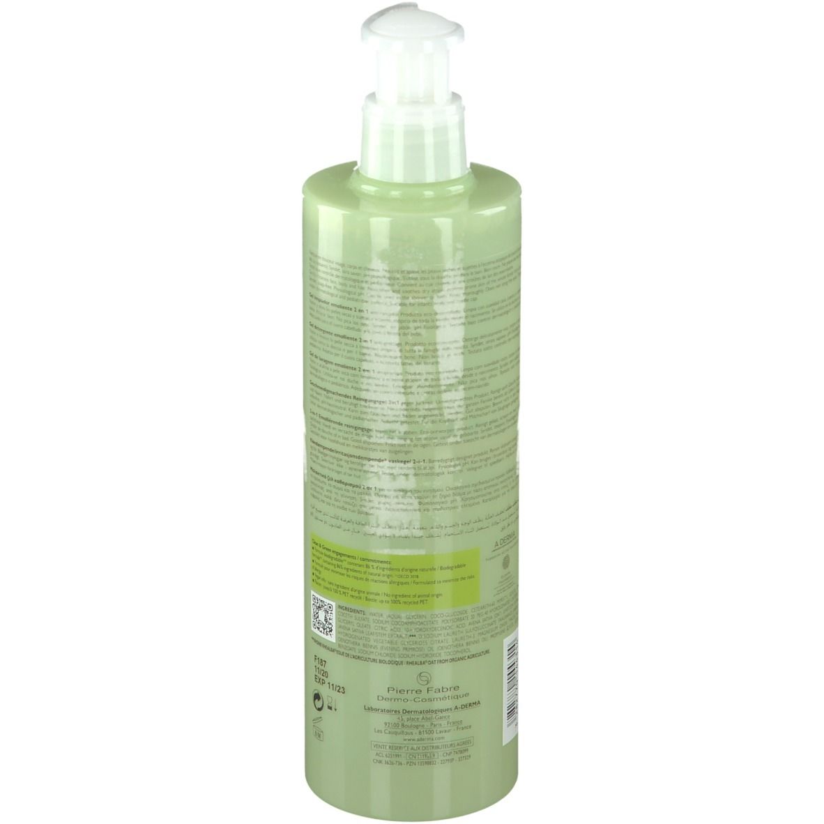 Dos du flacon vert avec pompe. A-DERMA EXOMEGA CONTROL. Texte et logos.