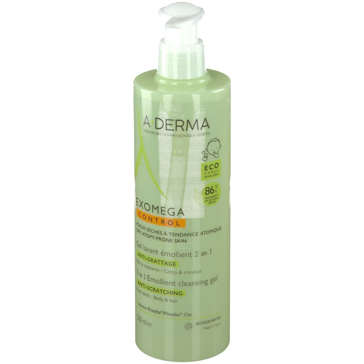 Flacon vert avec pompe. A-DERMA EXOMEGA CONTROL, gel lavant 2 en 1 corps & cheveux. Texte et logos.