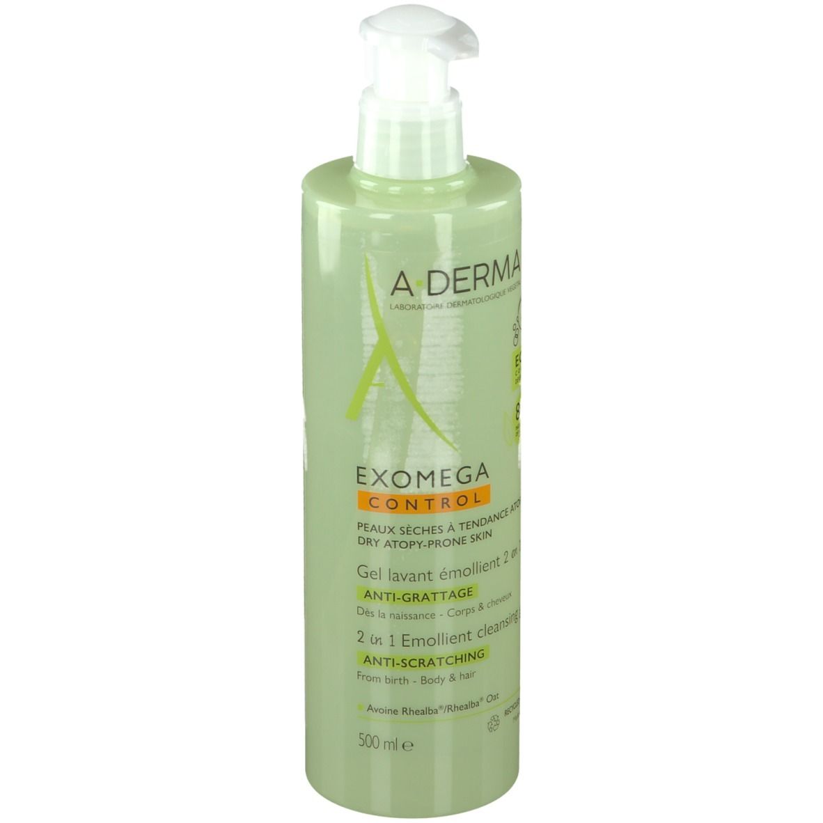 Flacon vert avec pompe. A-DERMA EXOMEGA CONTROL, gel lavant 2 en 1 corps & cheveux. Texte et logos.