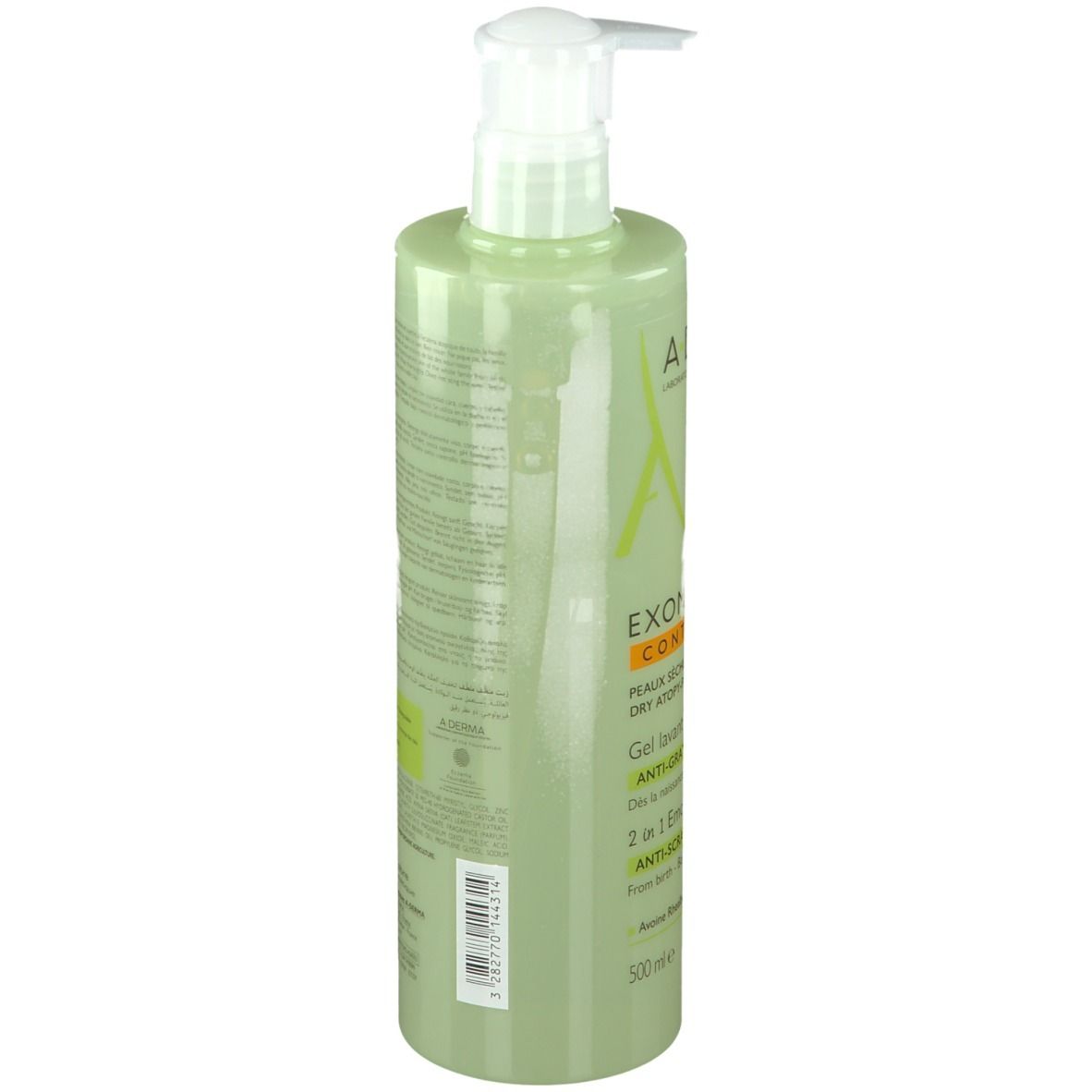 Dos du flacon vert avec pompe. A-DERMA EXOMEGA CONTROL. Texte et logos.