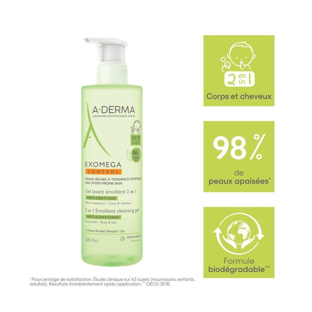 A-DERMA EXOMEGA CONTROL, gel lavant 2 en 1 corps & cheveux. Texte et logos. Graphiques supplémentaires.