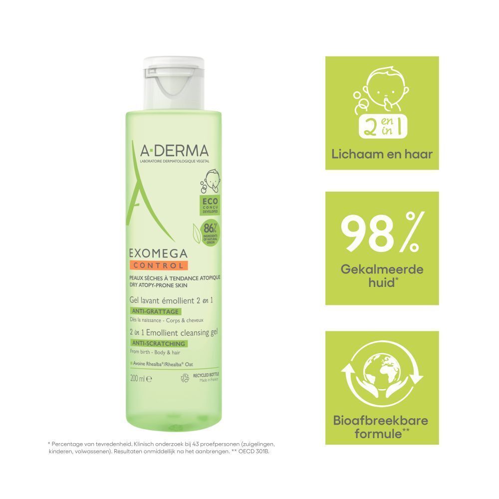 A-DERMA EXOMEGA CONTROL, 2in1 reinigingsgel voor lichaam & haar. Tekst en logo's. Extra graphics.