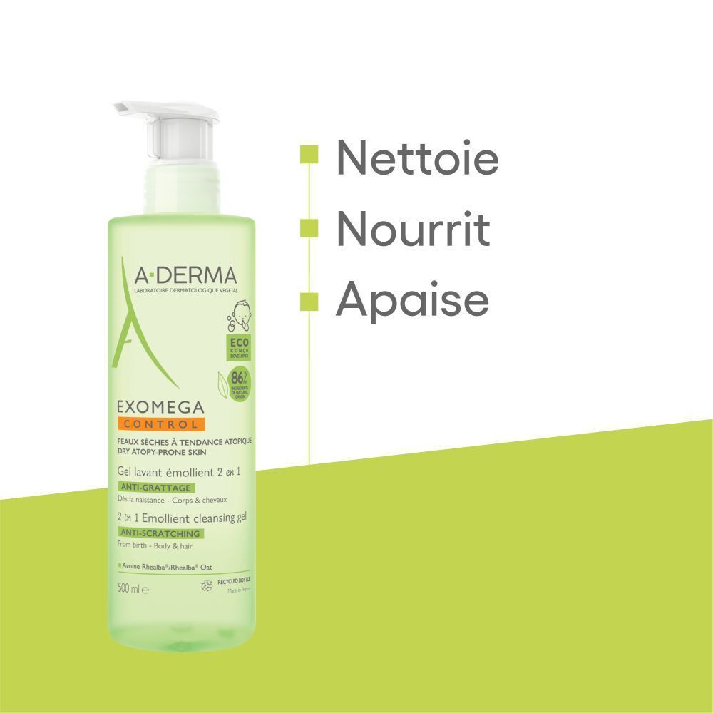 A-DERMA EXOMEGA CONTROL, gel lavant 2 en 1 corps & cheveux. Texte et logos. Graphiques supplémentaires.