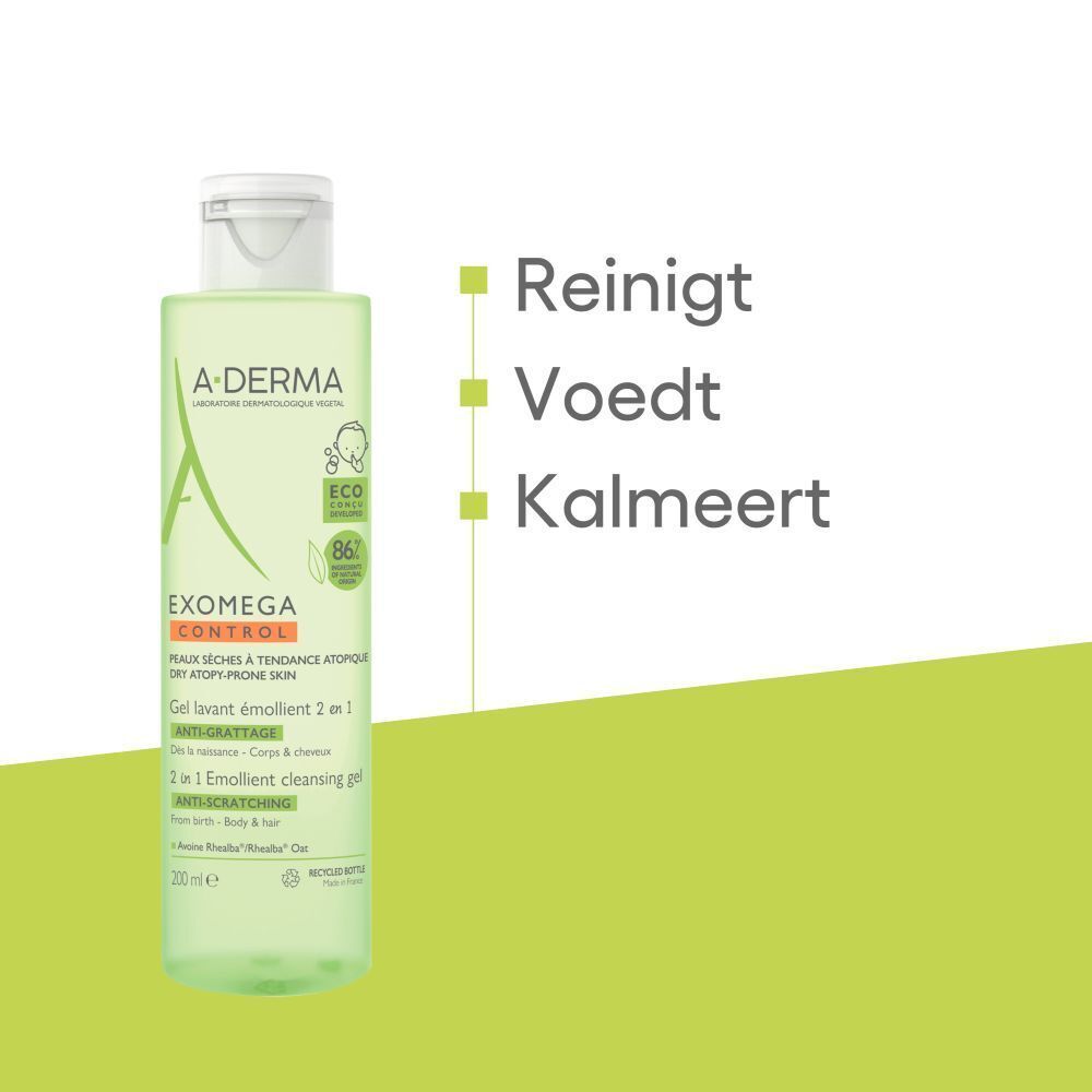 A-DERMA EXOMEGA CONTROL, 2in1 reinigingsgel voor lichaam & haar. Tekst en logo's. Extra graphics.