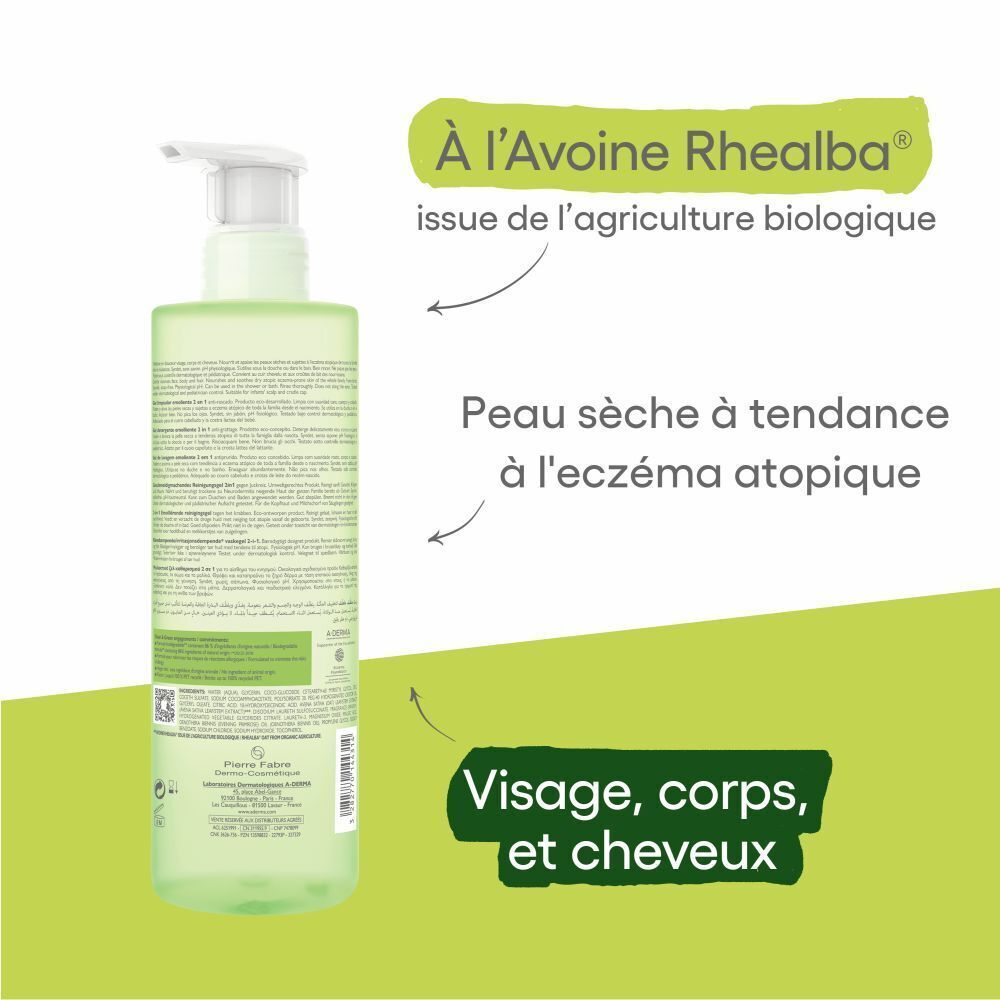 A-DERMA EXOMEGA CONTROL, gel lavant 2 en 1 corps & cheveux. Texte et logos. Graphiques supplémentaires.