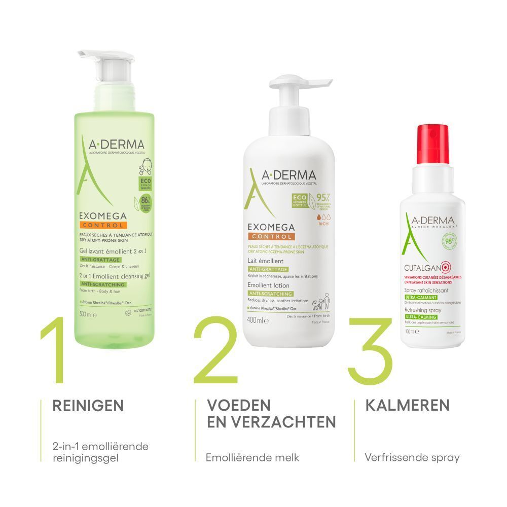 A-DERMA EXOMEGA CONTROL, 2in1 reinigingsgel voor lichaam & haar. Tekst en logo's. Extra graphics.