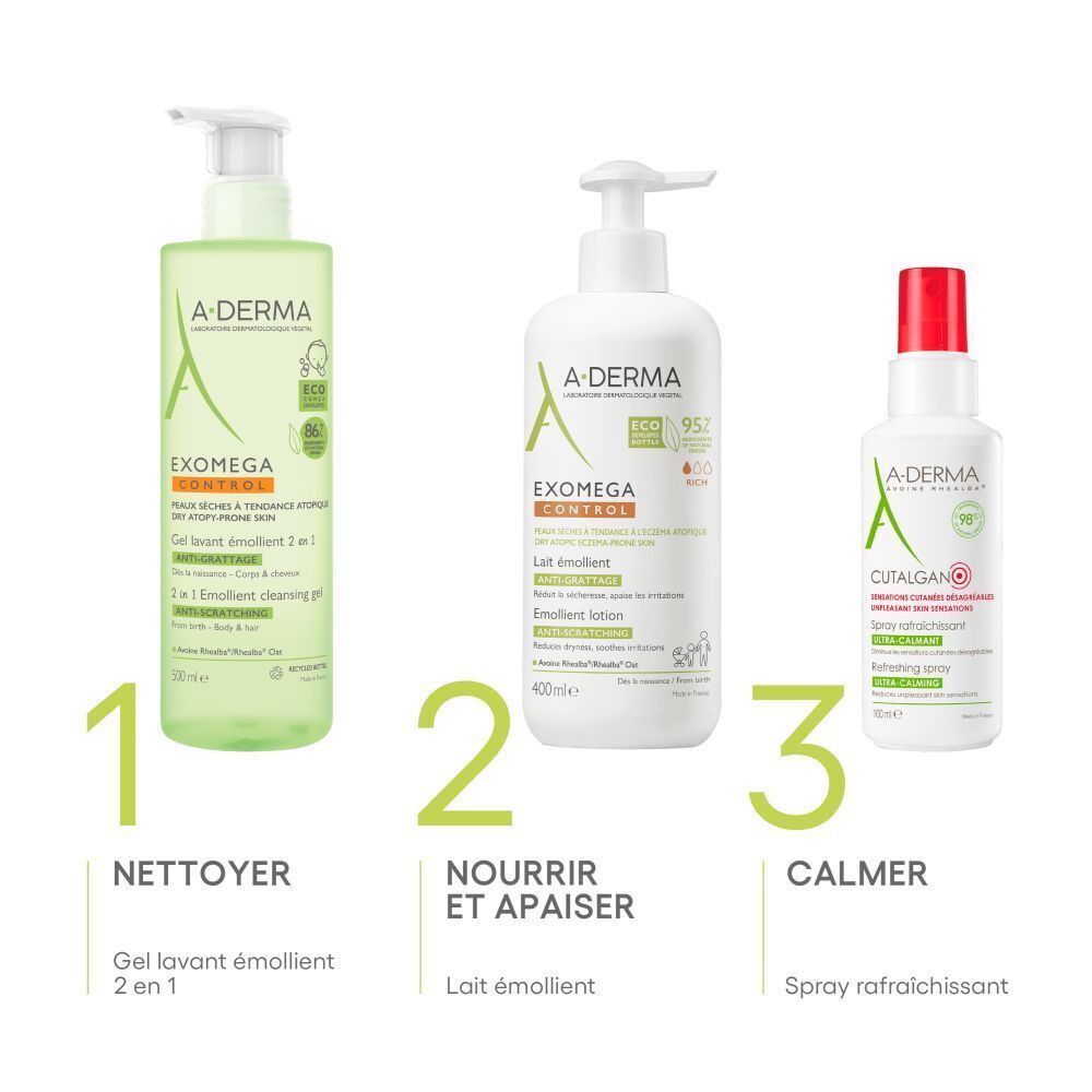 Dos du flacon vert avec pompe. A-DERMA EXOMEGA CONTROL. Texte et logos.
