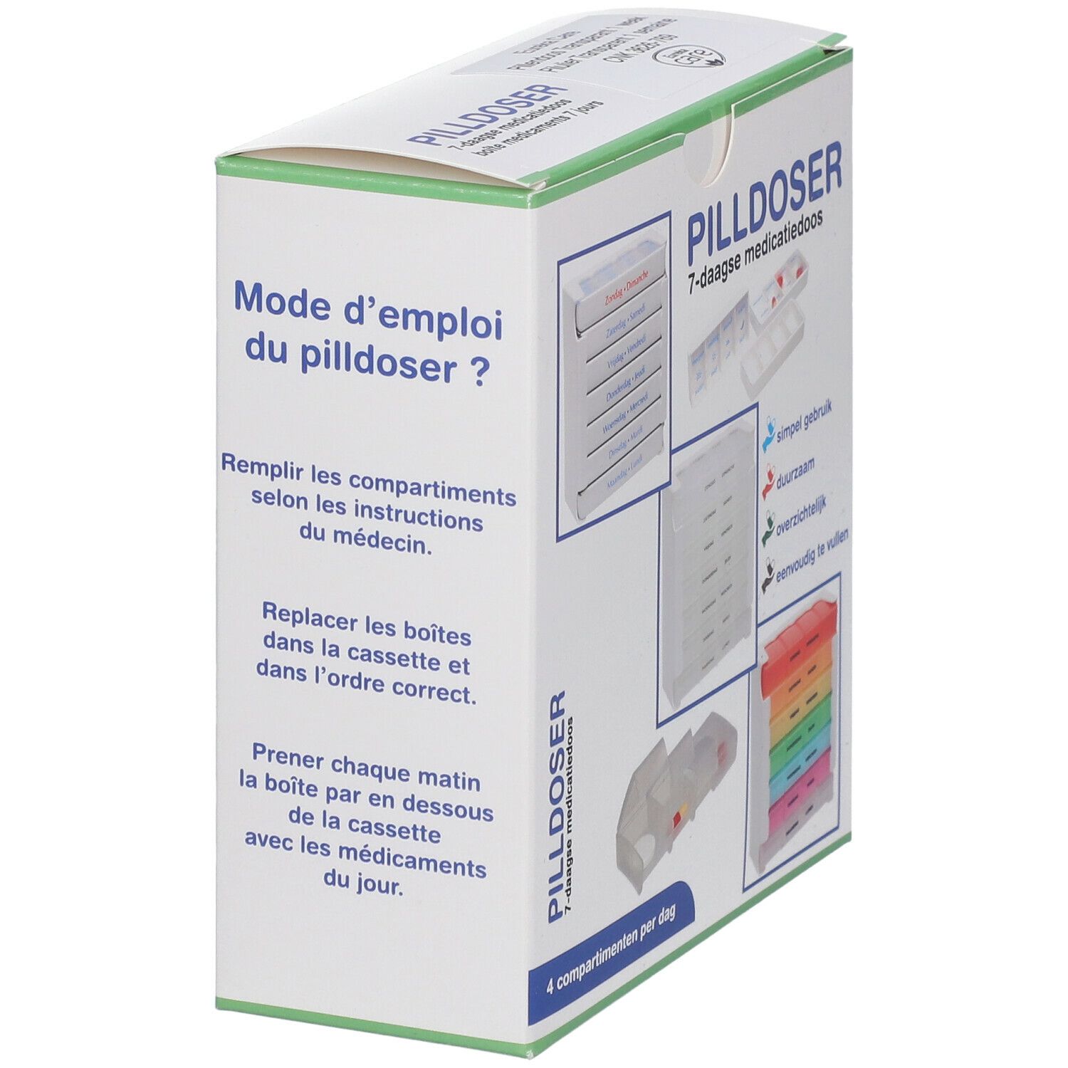 Verpakking van een medicijndoos voor 7 dagen. Tekst in het Frans en Nederlands. Productillustraties en instructies.