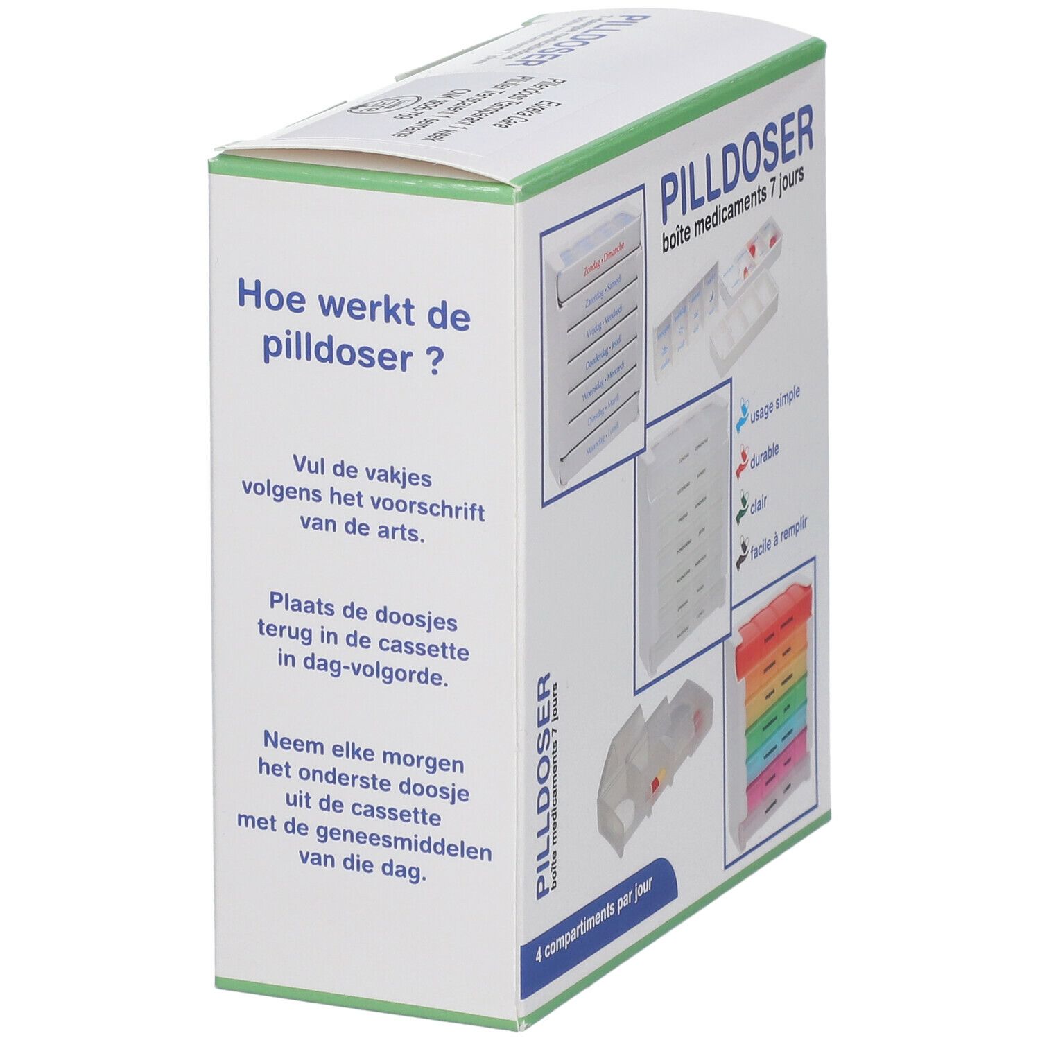 Verpakking van medicijndoos met tekst in het Nederlands. Bevat productillustraties en gebruiksaanwijzing.