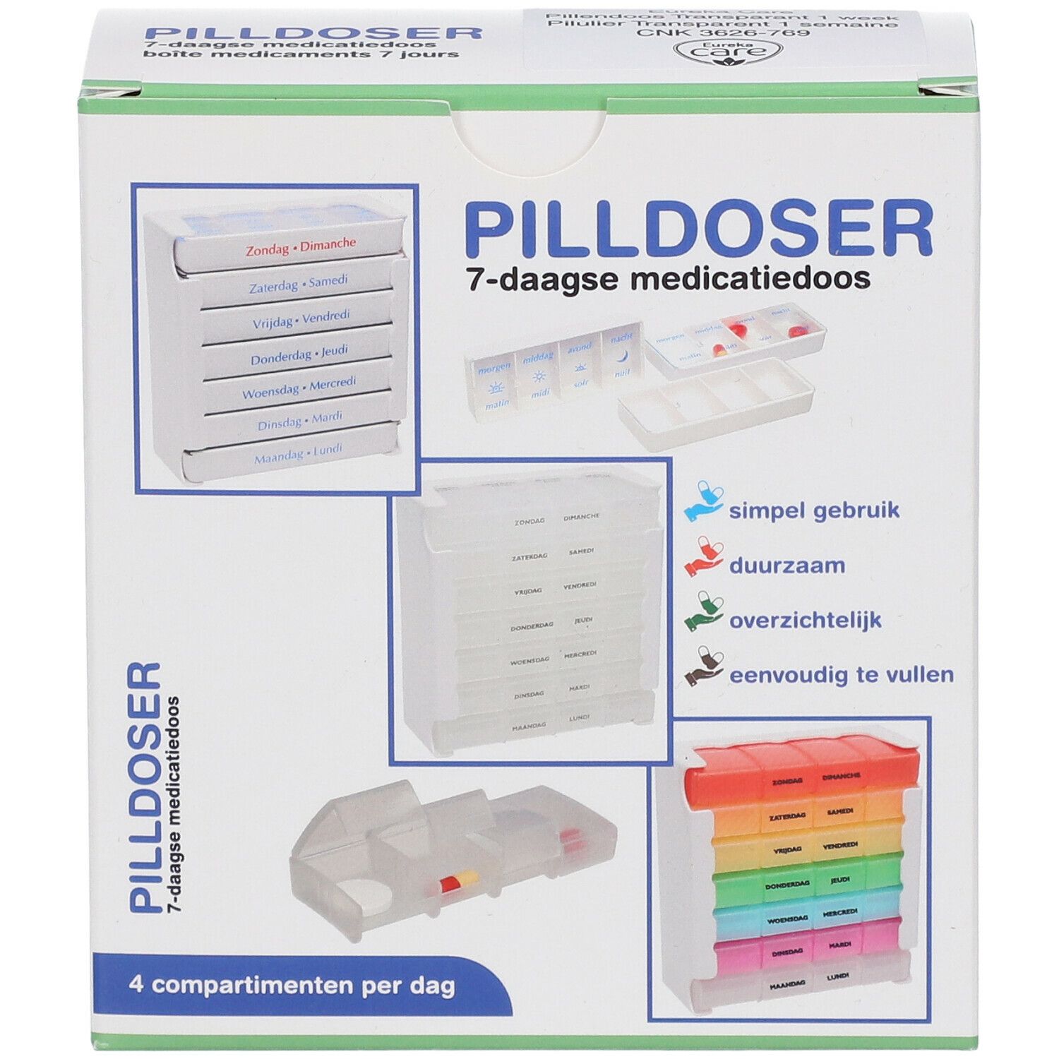 Transparante medicijndoos voor 7 dagen. Bevat gekleurde dagboxen. Verpakking met productafbeeldingen en tekst.
