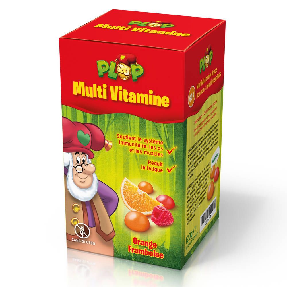 Boîte rouge "Plop Multi Vitamine". Illustration d'un gnome, orange et framboise. Logo "Sans Gluten".