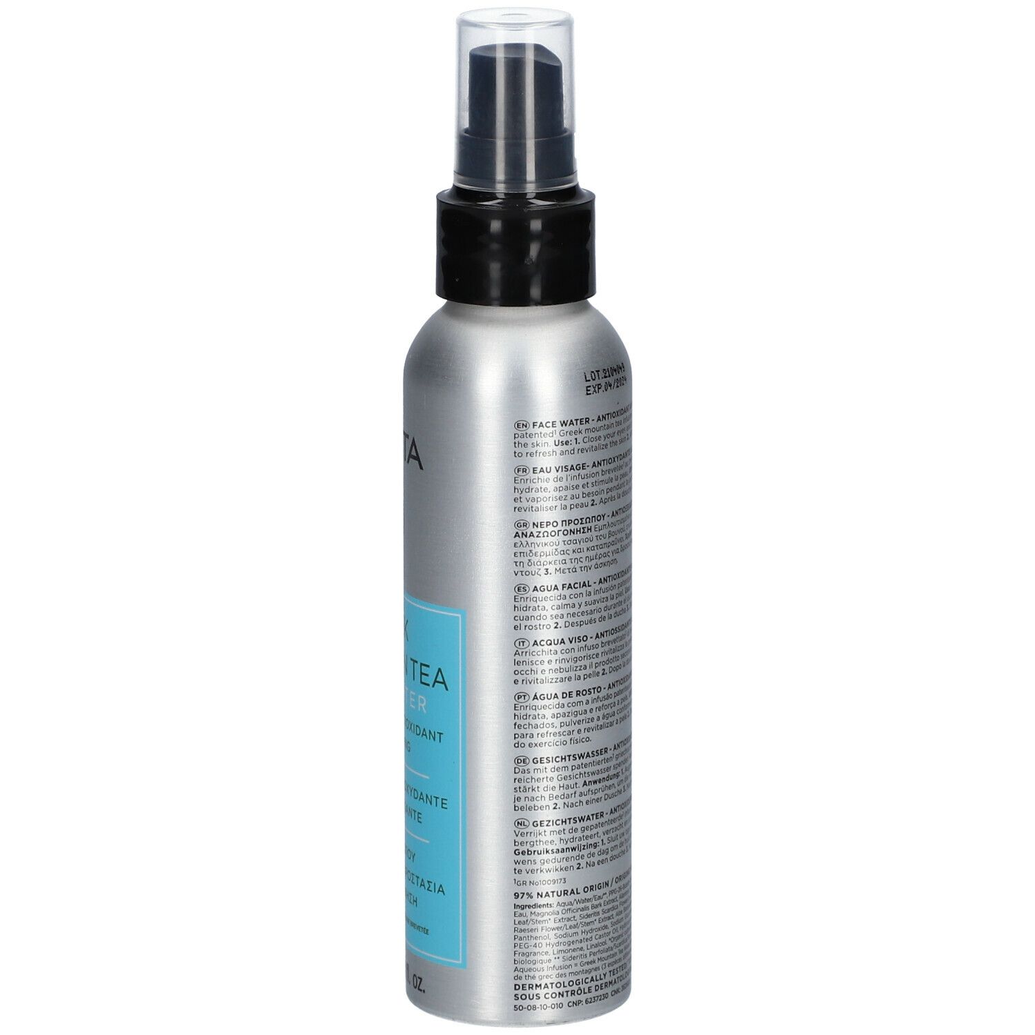 Rückseite der silbernen Sprühflasche. Text in mehreren Sprachen. Marke APIVITA.