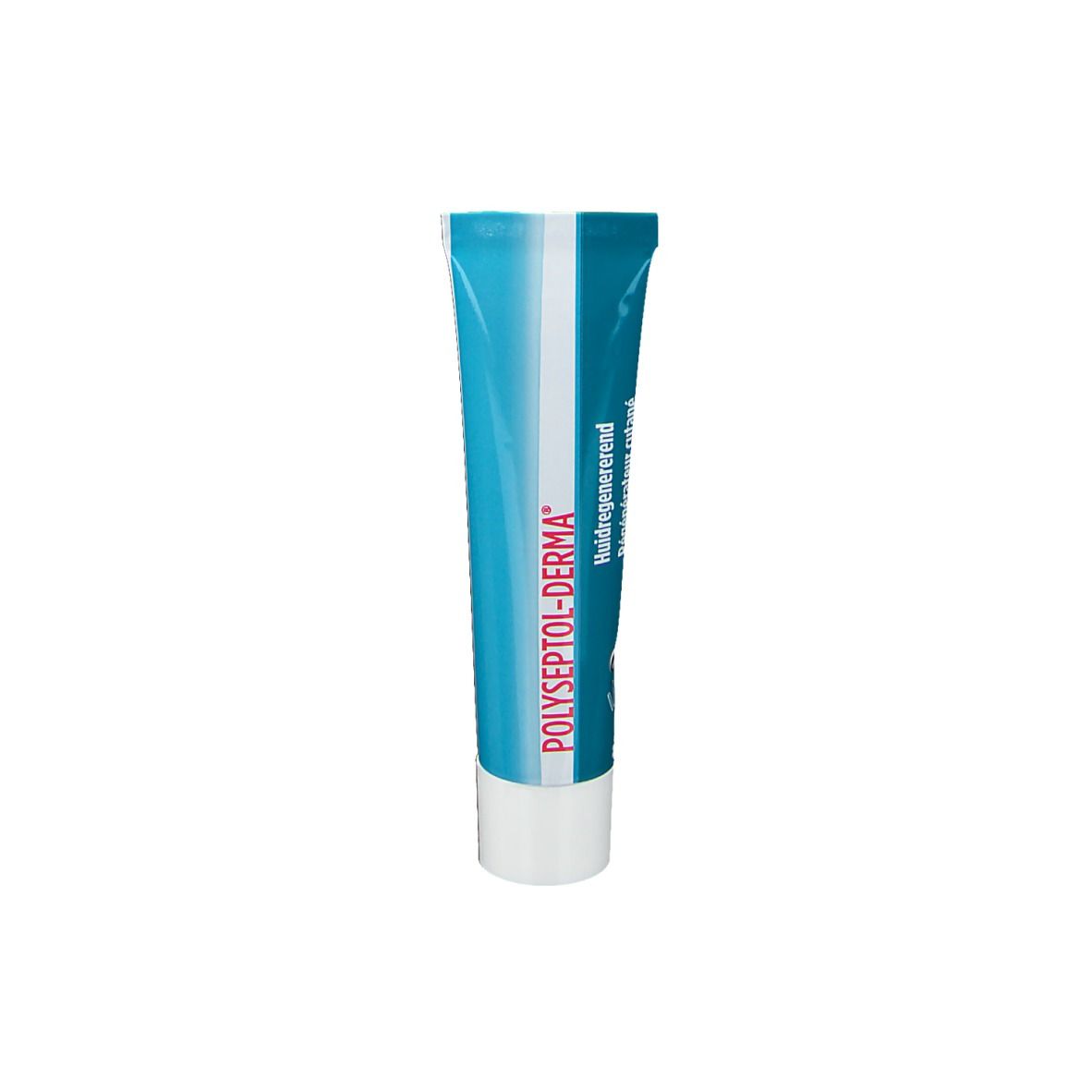 Blauwe en witte tube. Opschrift: POLYSEPTOL-DERMA. Tekst: Huidregenererend.