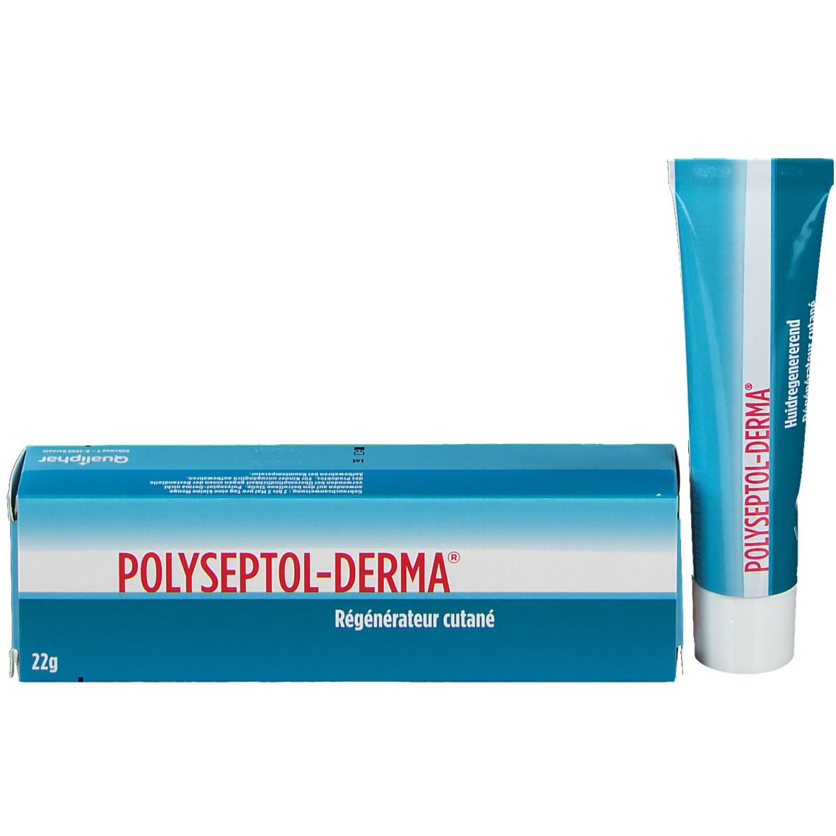 Doos en tube. Opschrift: POLYSEPTOL-DERMA. Tekst: Huidregenererend. 22g.