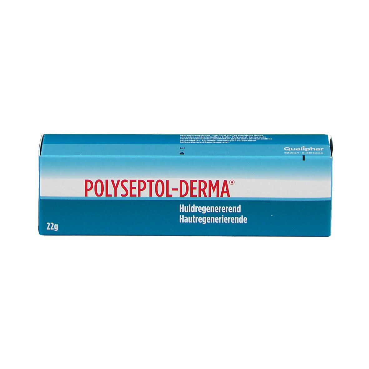 Blauwe doos. Opschrift: POLYSEPTOL-DERMA. Tekst: Huidregenererend. 22g.