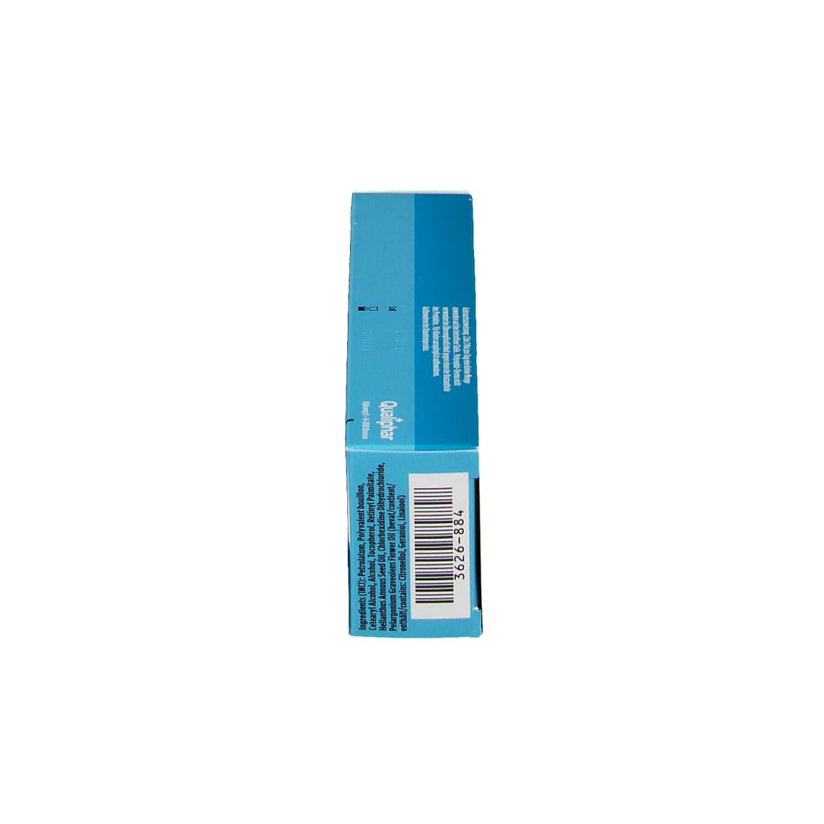 Doos, zijaanzicht. Barcode en tekst.