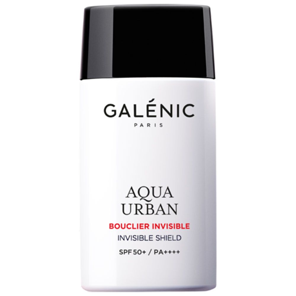 Witte fles met zwarte dop. Opschrift: Galénic Paris, Aqua Urban, Bouclier Invisible, Invisible Shield, SPF 50+/PA++++.