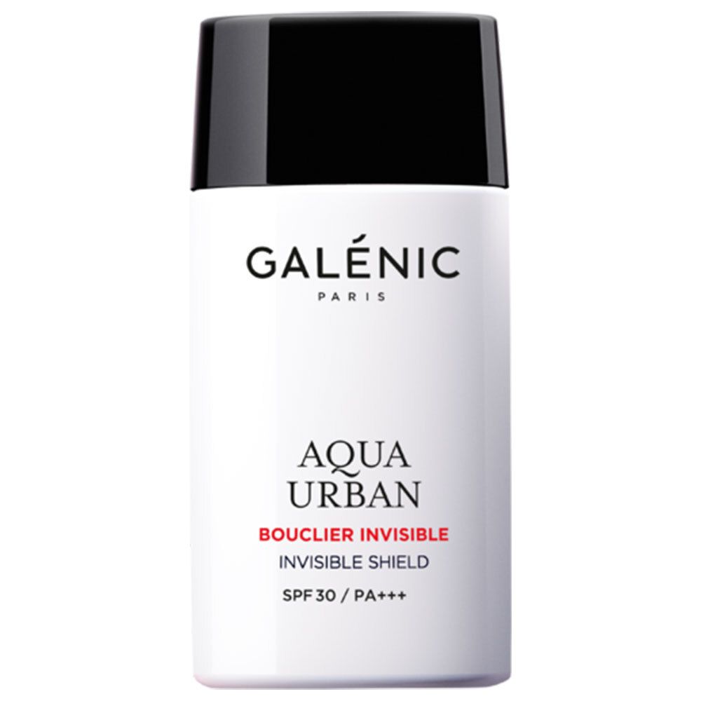 Witte fles met zwarte dop. Opschrift: GALÉNIC PARIS, AQUA URBAN, BOUCLIER INVISIBLE, INVISIBLE SHIELD, SPF 30/PA++++.