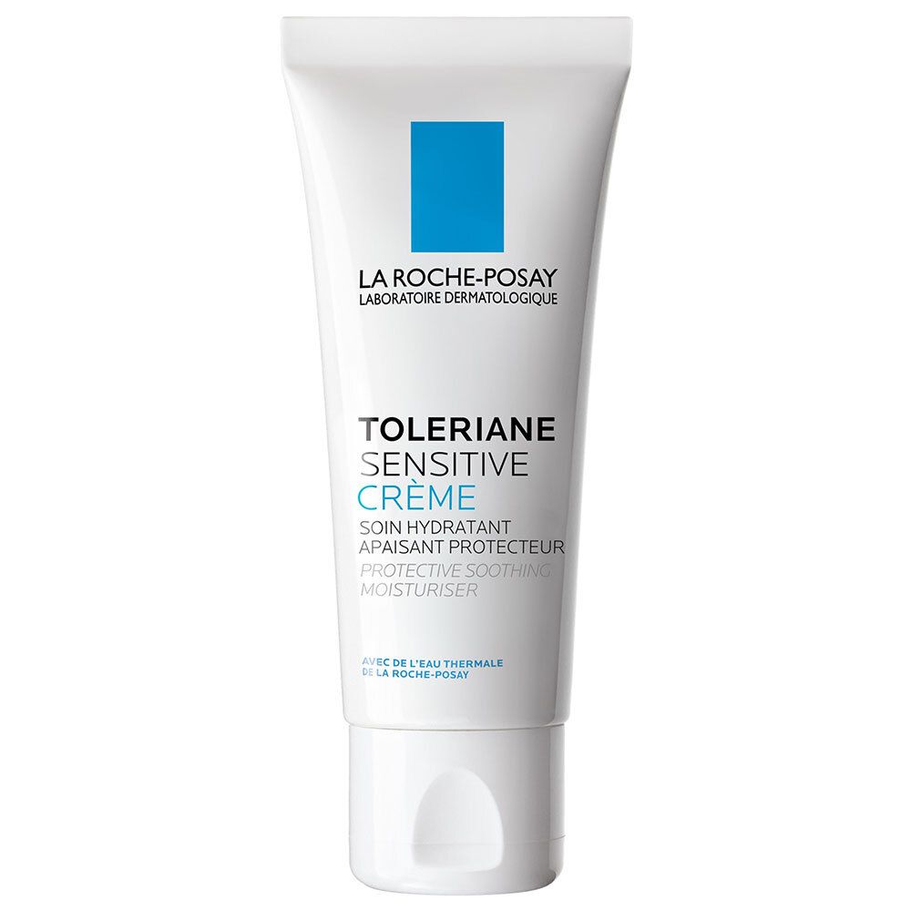 Tube blanc avec carré bleu. Inscription : LA ROCHE-POSAY, Toleriane Sensitive Crème.