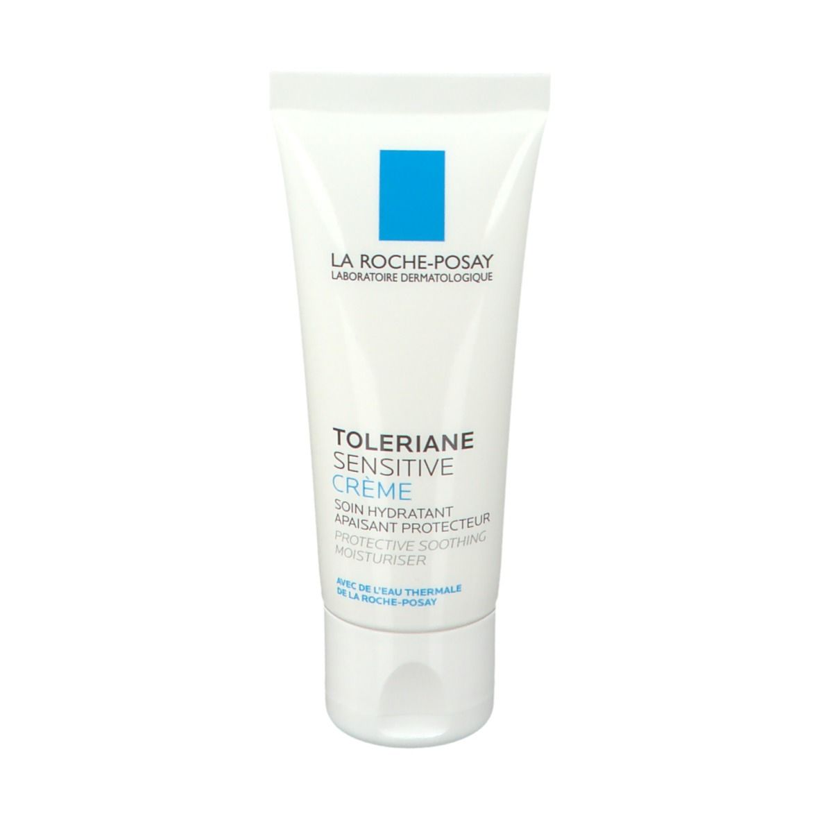 Tube blanc avec carré bleu. Inscription : LA ROCHE-POSAY, Toleriane Sensitive Crème.