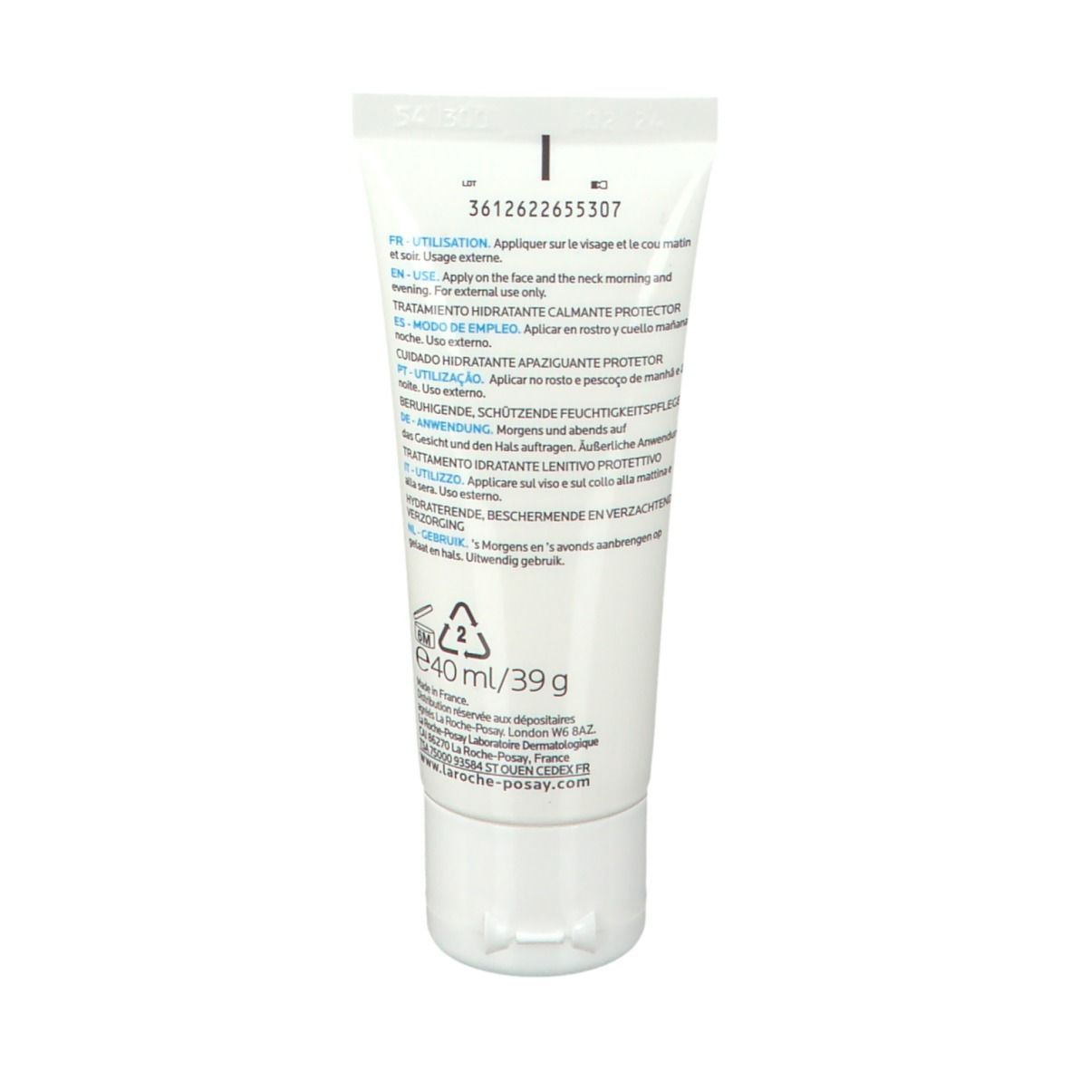 Dos du tube. Texte : 40 ml/39 g. Texte : Répare et protège la barrière cutanée. 0% alcool.