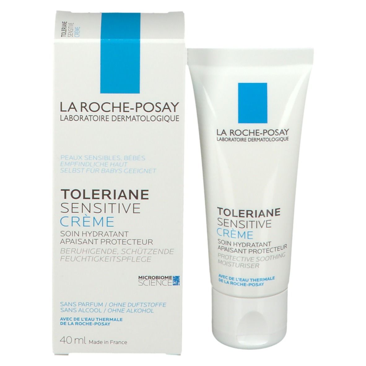 Tube et boîte. Texte : LA ROCHE-POSAY, Toleriane Sensitive Crème. Pour peaux sensibles, bébés.