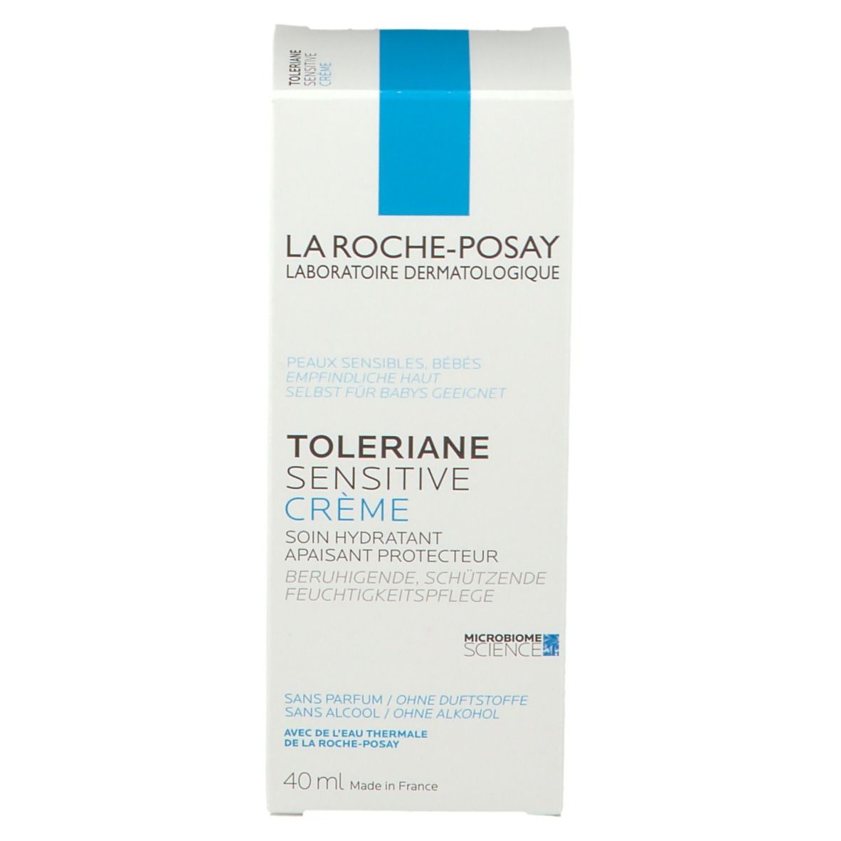 Boîte. Texte : LA ROCHE-POSAY, Toleriane Sensitive Crème. Pour peaux sensibles, bébés.