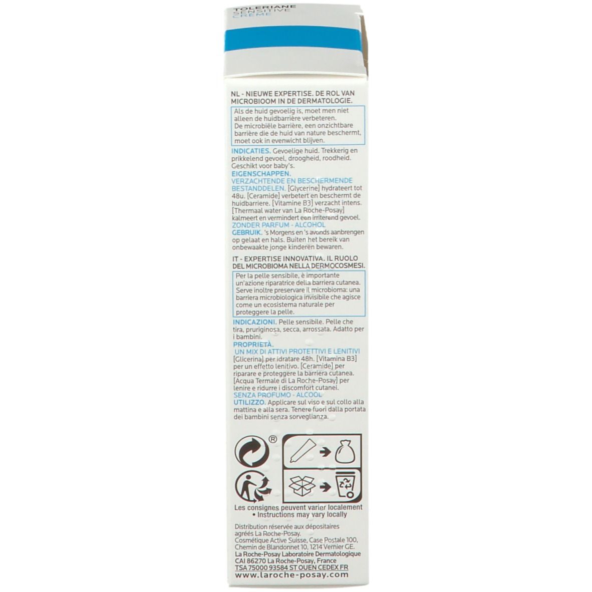 Dos de la boîte. Texte : LA ROCHE-POSAY, Toleriane Sensitive Crème. 40 ml.