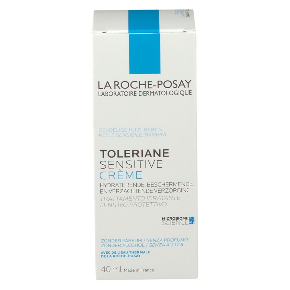 Dos de la boîte. Texte : LA ROCHE-POSAY, Toleriane Sensitive Crème. 40 ml.