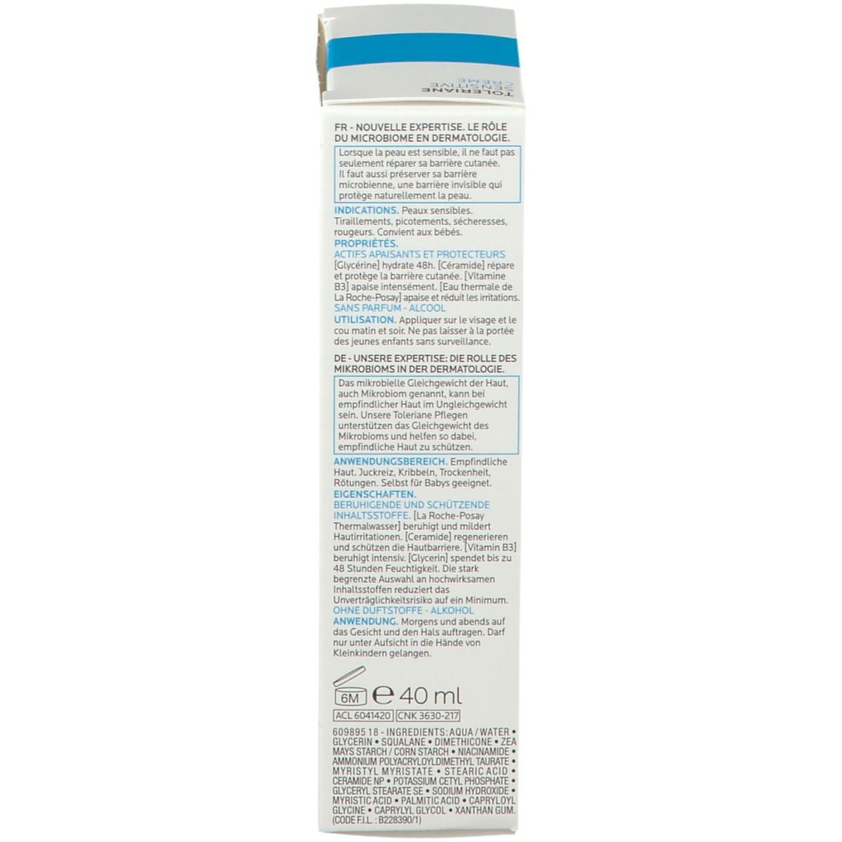 Tube blanc avec carré bleu. Inscription : LA ROCHE-POSAY, Toleriane Sensitive Crème.
